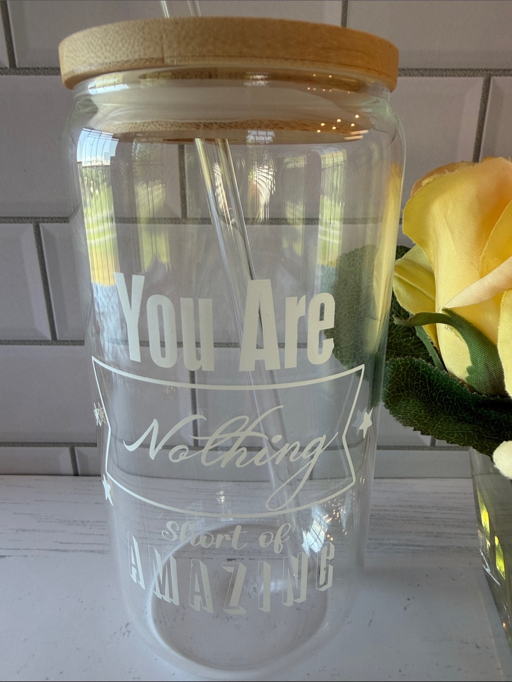Glass Straw Tumbler with Bamboo Lid - White Lettering